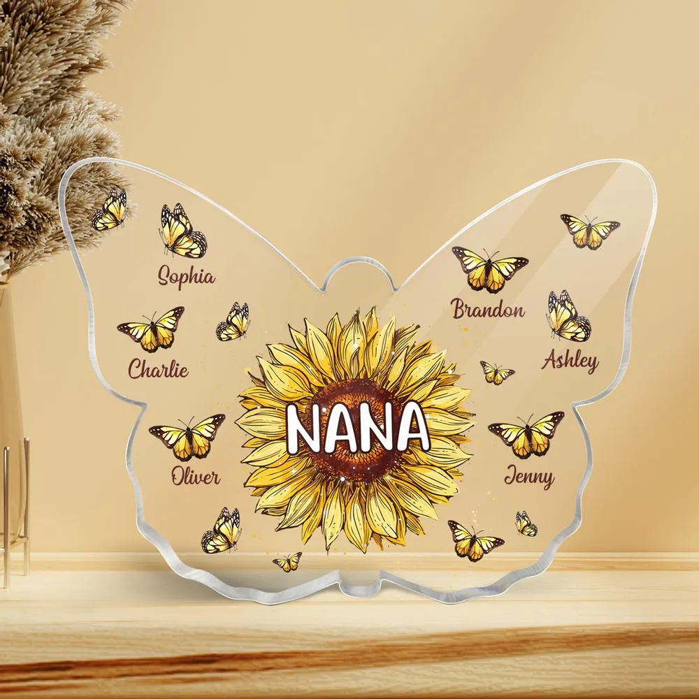 Butterfly Shaped Personalized Acrylic Plaque - Grandchild Custom Name - Sunflower Grandma Butterflies